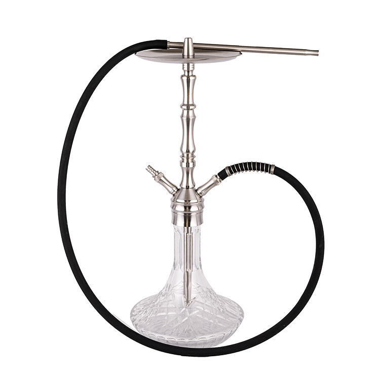 Patterned Clear Glass Silver Stainless Steel Two-Hole Hookah 64cm