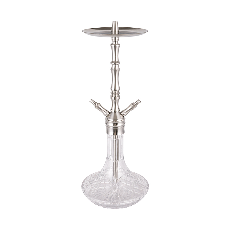 Patterned Clear Glass Silver Stainless Steel Two-Hole Hookah 64cm-1