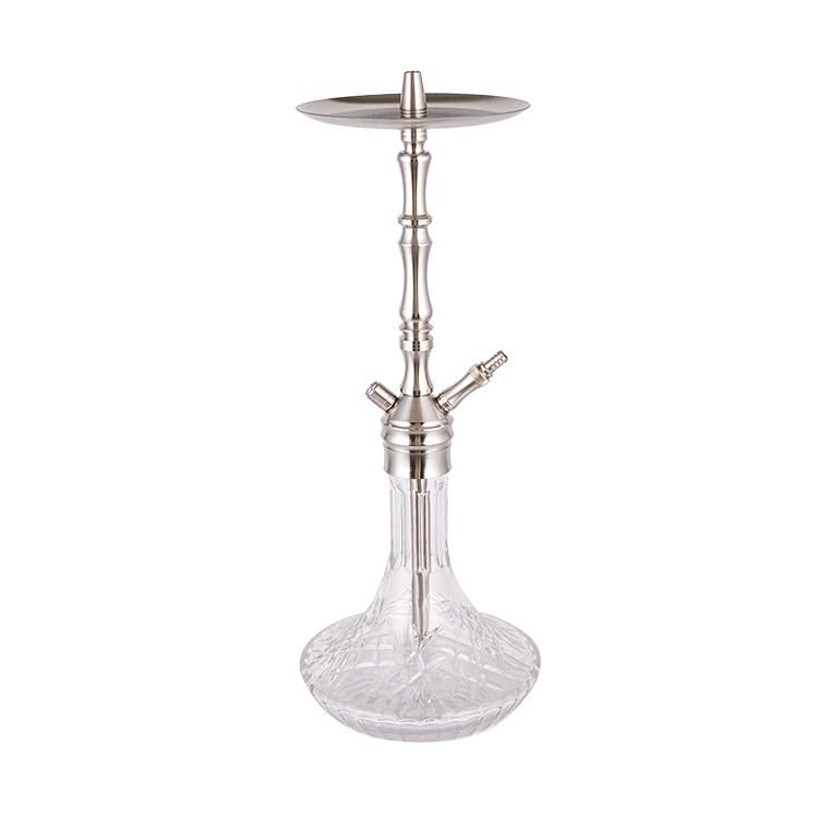 Patterned Clear Glass Silver Stainless Steel Two-Hole Hookah 64cm-1