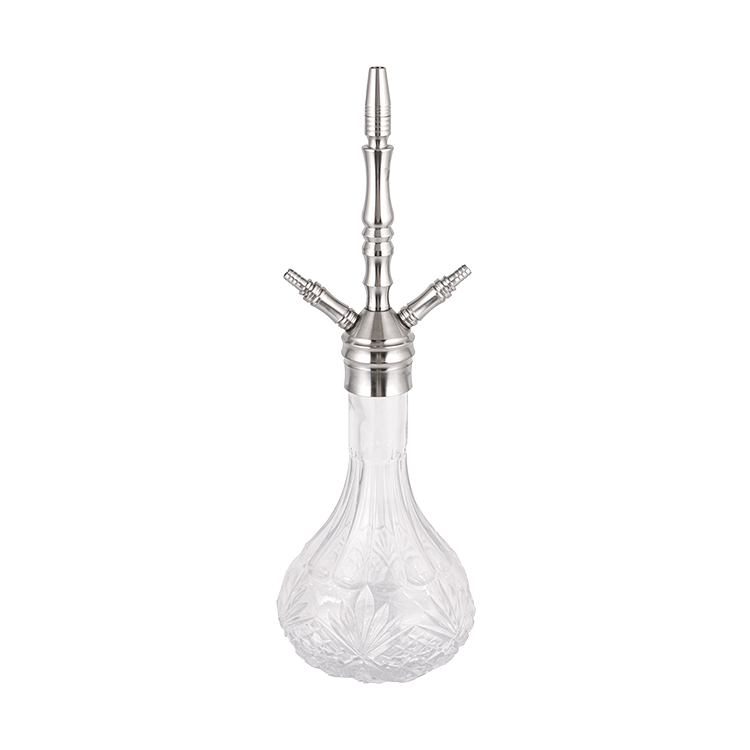 Patterned Clear Glass Silver Stainless Steel Two-Hole Hookah 57cm