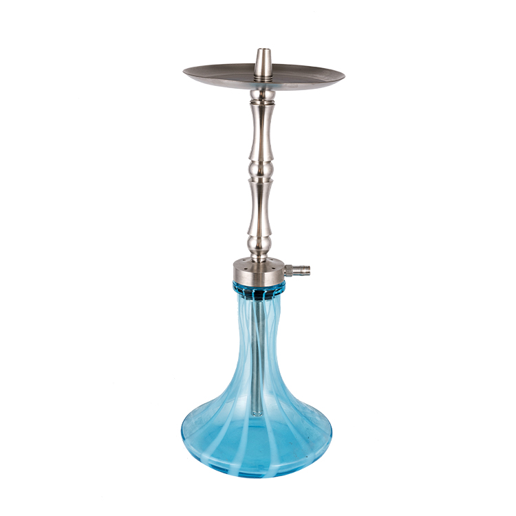 Blue Patterned Glass Silver Stainless Steel Metal Tube-2 Single Hole Hookah 58cm