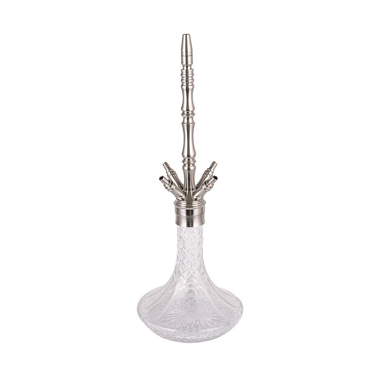 Patterned Clear Glass Silver Stainless Steel Four-Hole Hookah 64cm-1