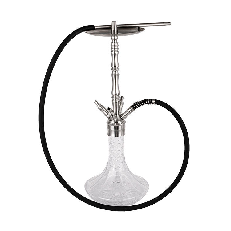 Patterned Clear Glass Silver Stainless Steel Four-Hole Hookah 64cm-1
