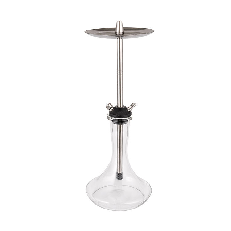 Transparent Glass Pom+ Stainless Steel Double Hole Silver Hookah 56cm
